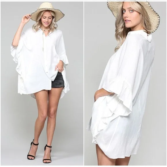 034 solid Oversized Button up Pocket Ruffle Sleeve Blouse - Picture 4 of 7